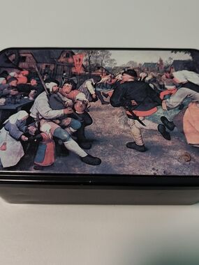 The Peasant Dance By Pieter Bruegel Vintage Black & Gold Tin Box Massilly France